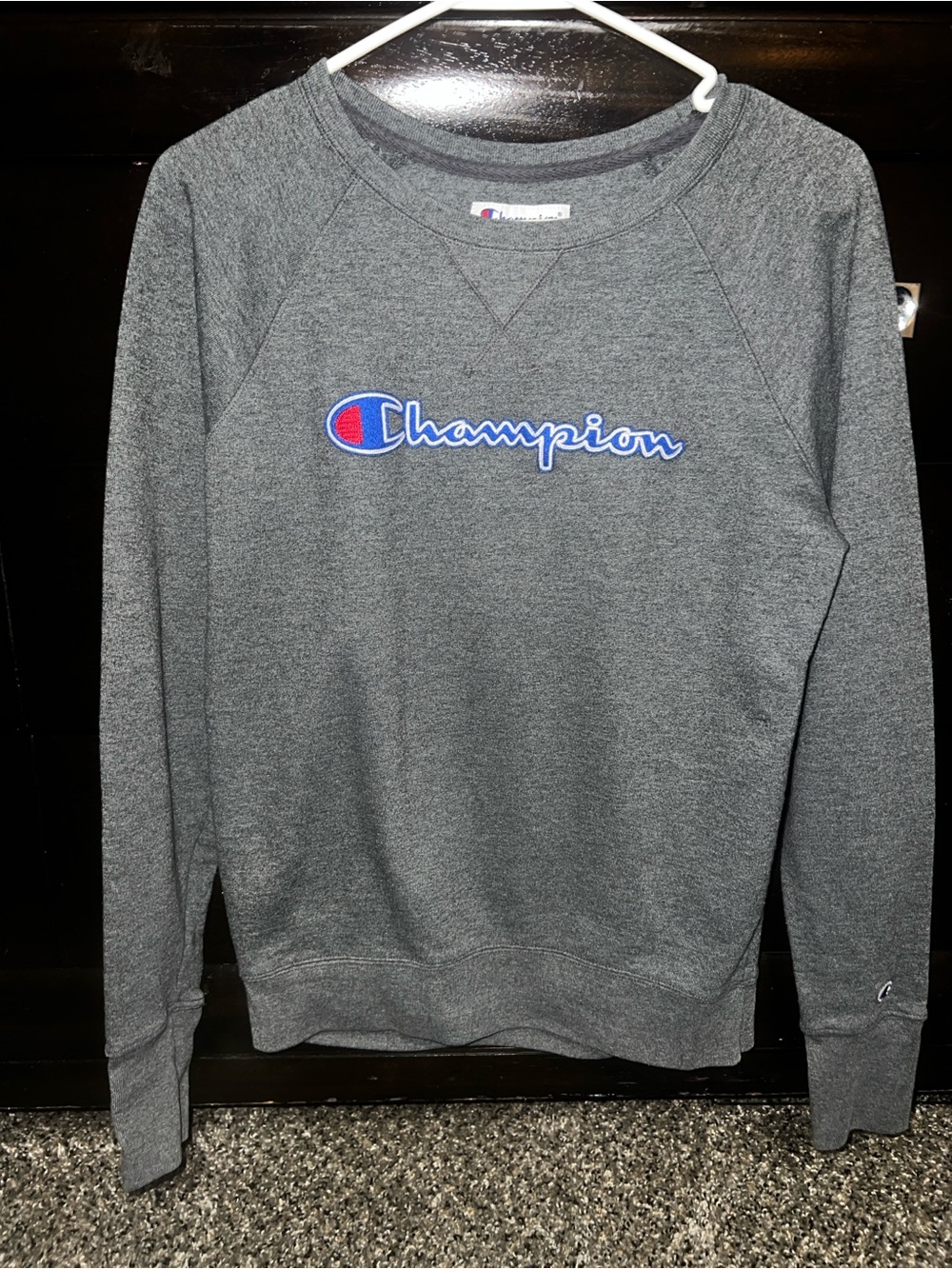 Champion Gray Crewneck Sweatshirt with Blue & Red Embroidered Logo